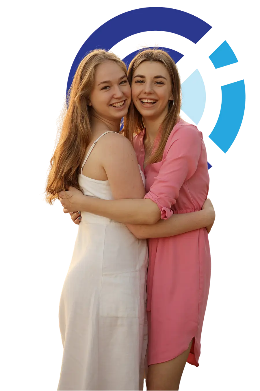 Two happy girls smiling together after reconnecting and learning to forgive past mistakes Woman receiving support and direction from a counselor in the misconduct prevention track