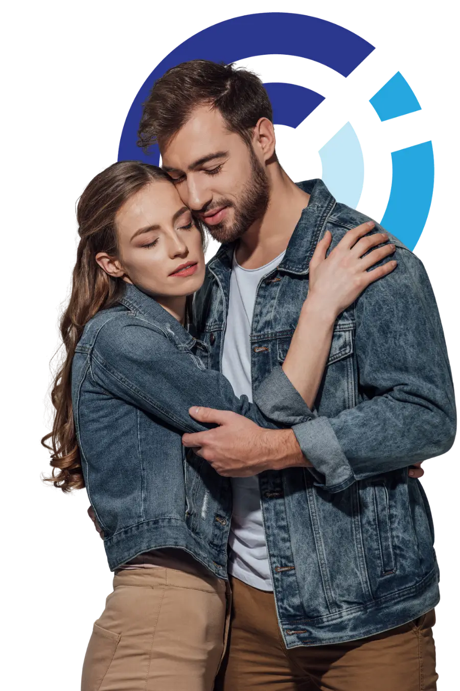 Young couple hugging with eyes closed, showing peace and closeness from learning to forgive A man finishing the final module of an online sexual misconduct prevention course