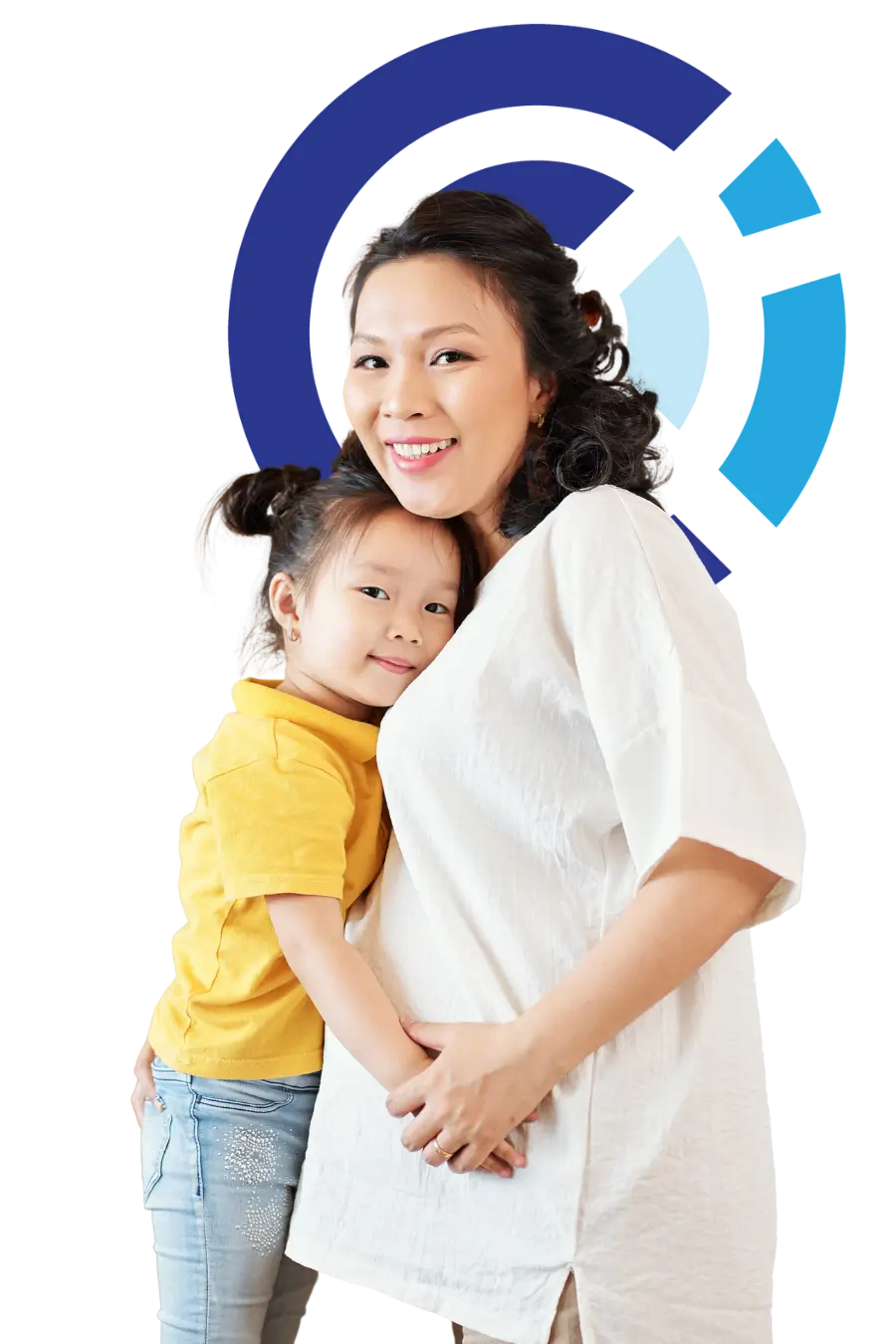 Pregnant woman hugging daughter for active parenting Parent using a court-approved co-parenting program to navigate divorce.