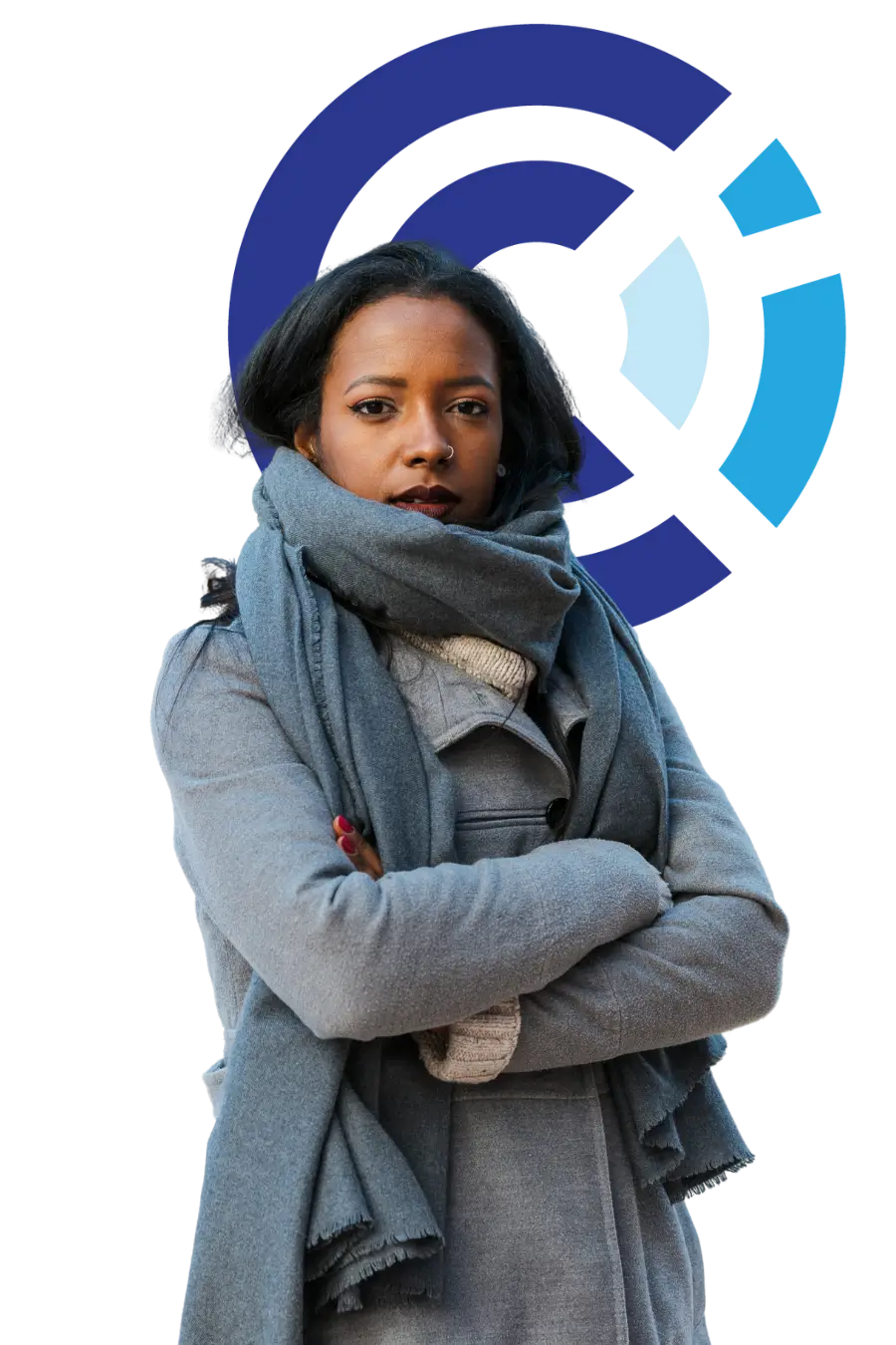 Professional business woman looking serious at the camera while posing with arms crossed outdoors for letting go online course Man participating in an online harassment training course awareness session