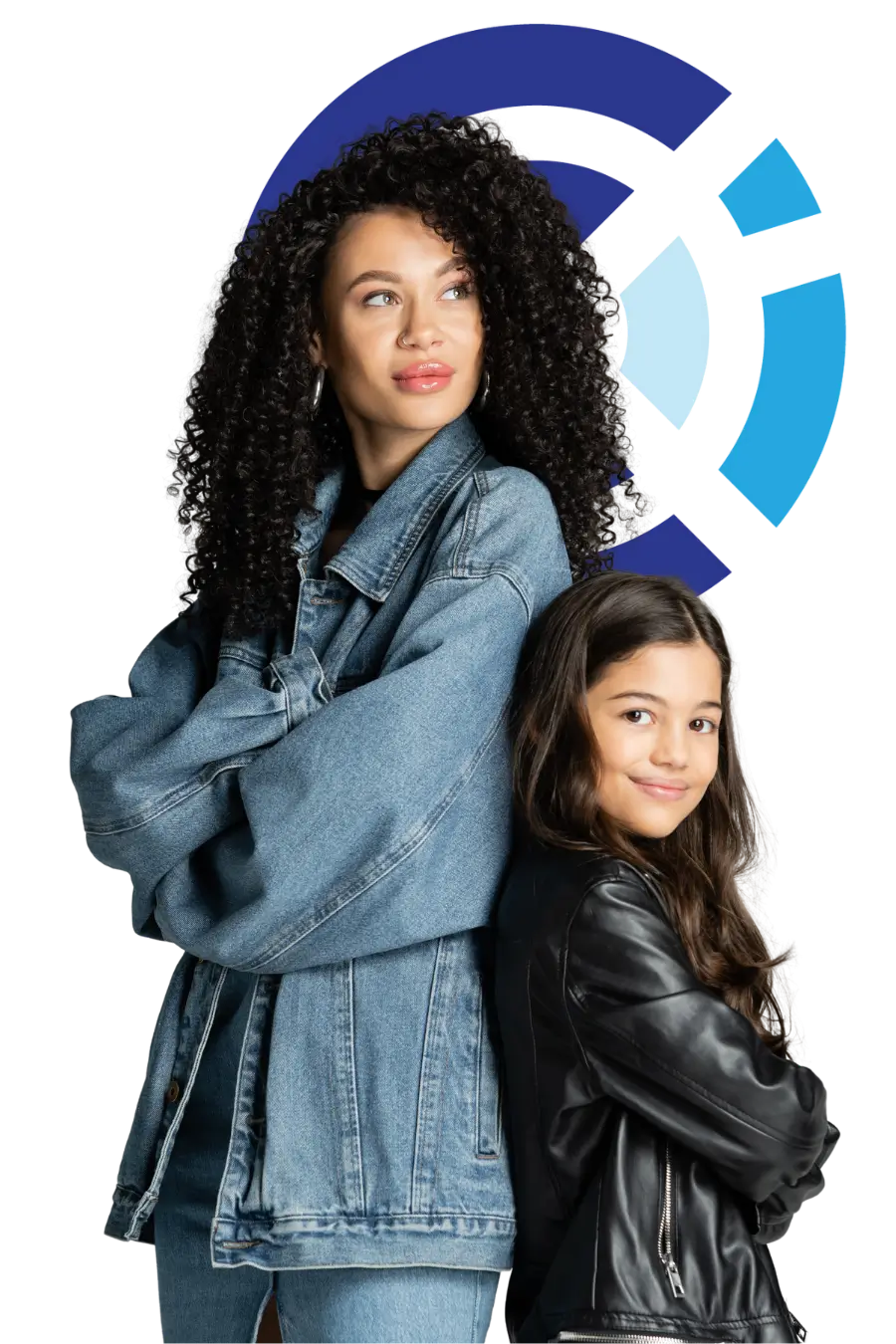 Smiling kid in leather jacket standing back to back with mom isolated on grey for co parenting programs Parents receiving guidance from a co-parenting program.