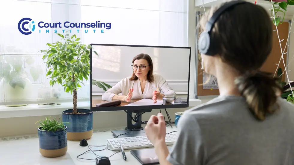 Woman participating telehealth counseling Online telehealth counseling session for court-mandated support