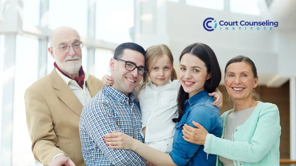 Parents and children improving relationships through family counseling.