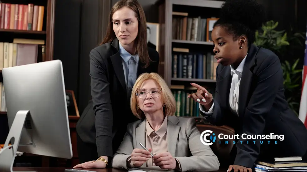Legal team and counselors advising a client in a conference room