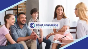 Family therapy in progress with parents and children discussing issues