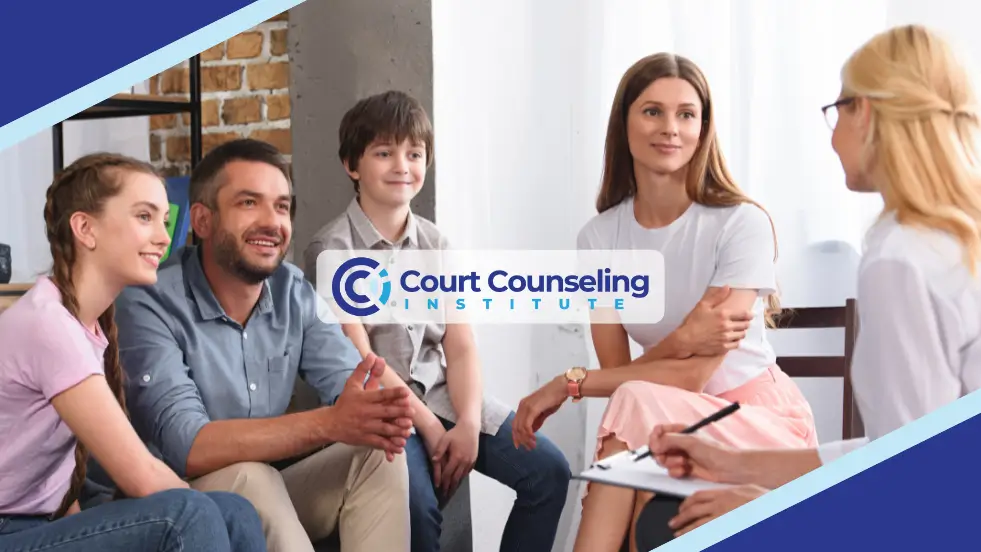 Family therapy in progress with parents and children discussing issues