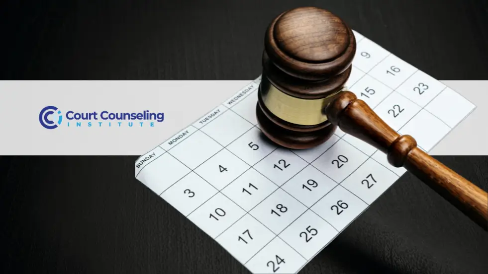 Judge’s gavel placed on top of a calendar, symbolizing an upcoming court schedule.