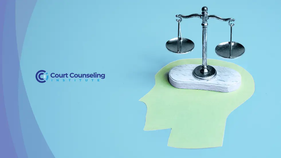 Scales of justice combined with a brain icon, symbolizing mental health and the law.