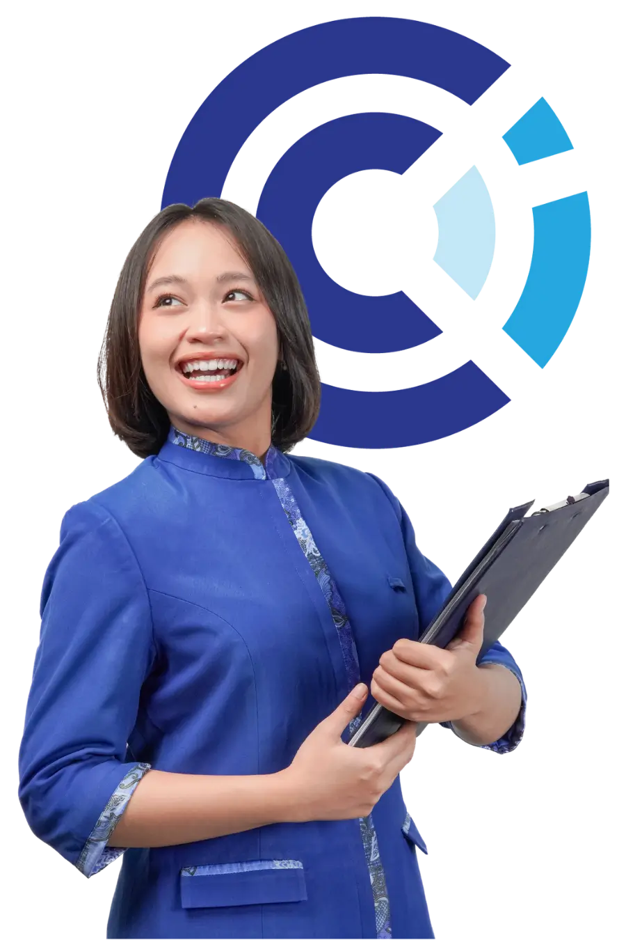 Woman in blue uniform explains terms & conditions