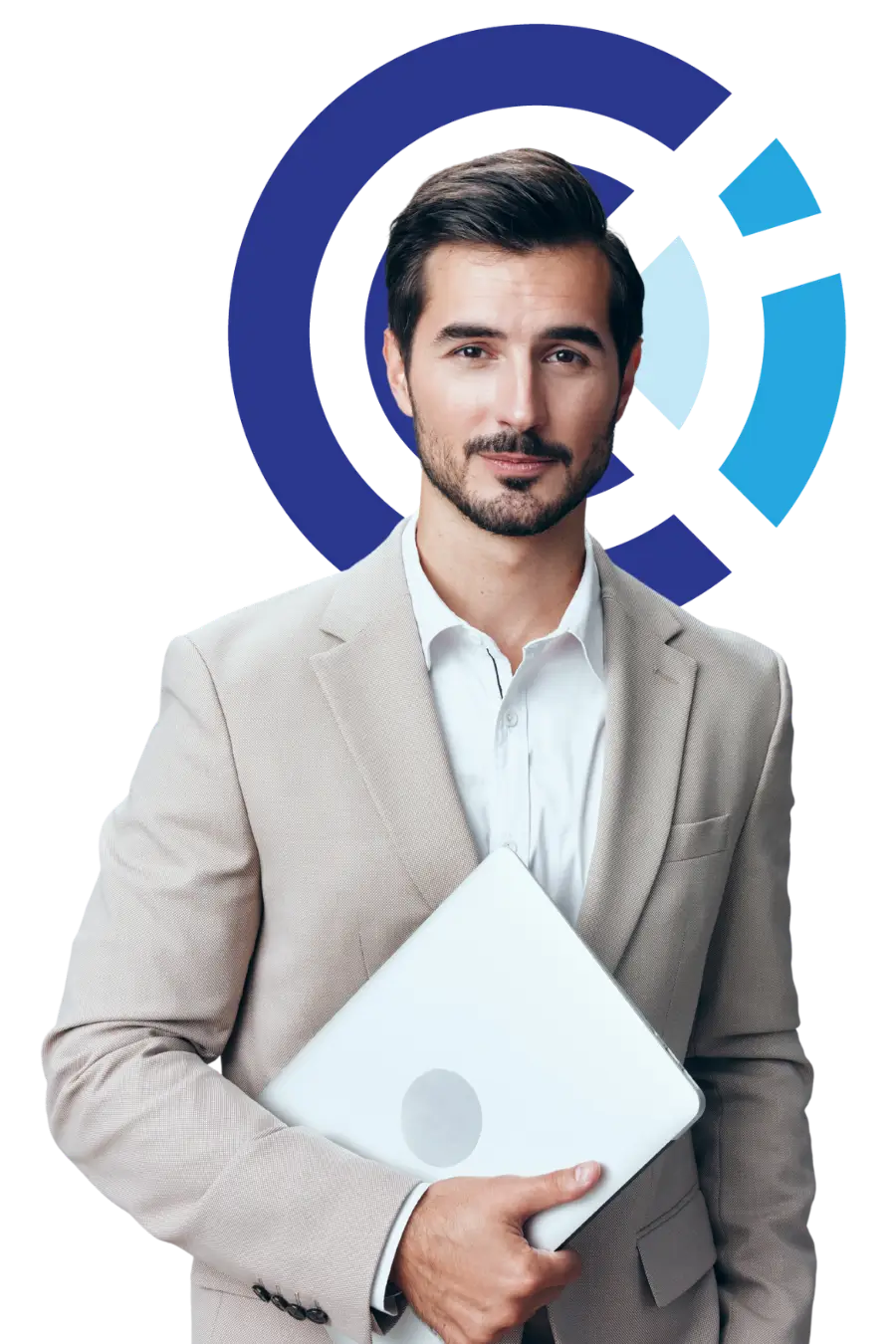 Man holding laptop registered for animal abuse prevention online course