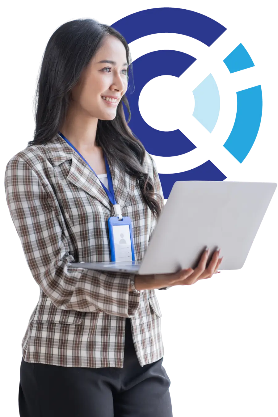 woman holding laptop attending stalking online course