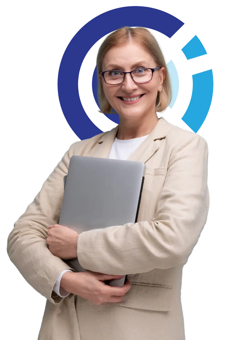 Woman holding laptop after healthy relationship e-learning course